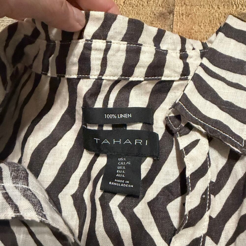 Tahari Wmn Cream Zebra Print 100% Linen Lagenlook Roll Tab Sleeve Tunic Top Sz L - Picture 5 of 5